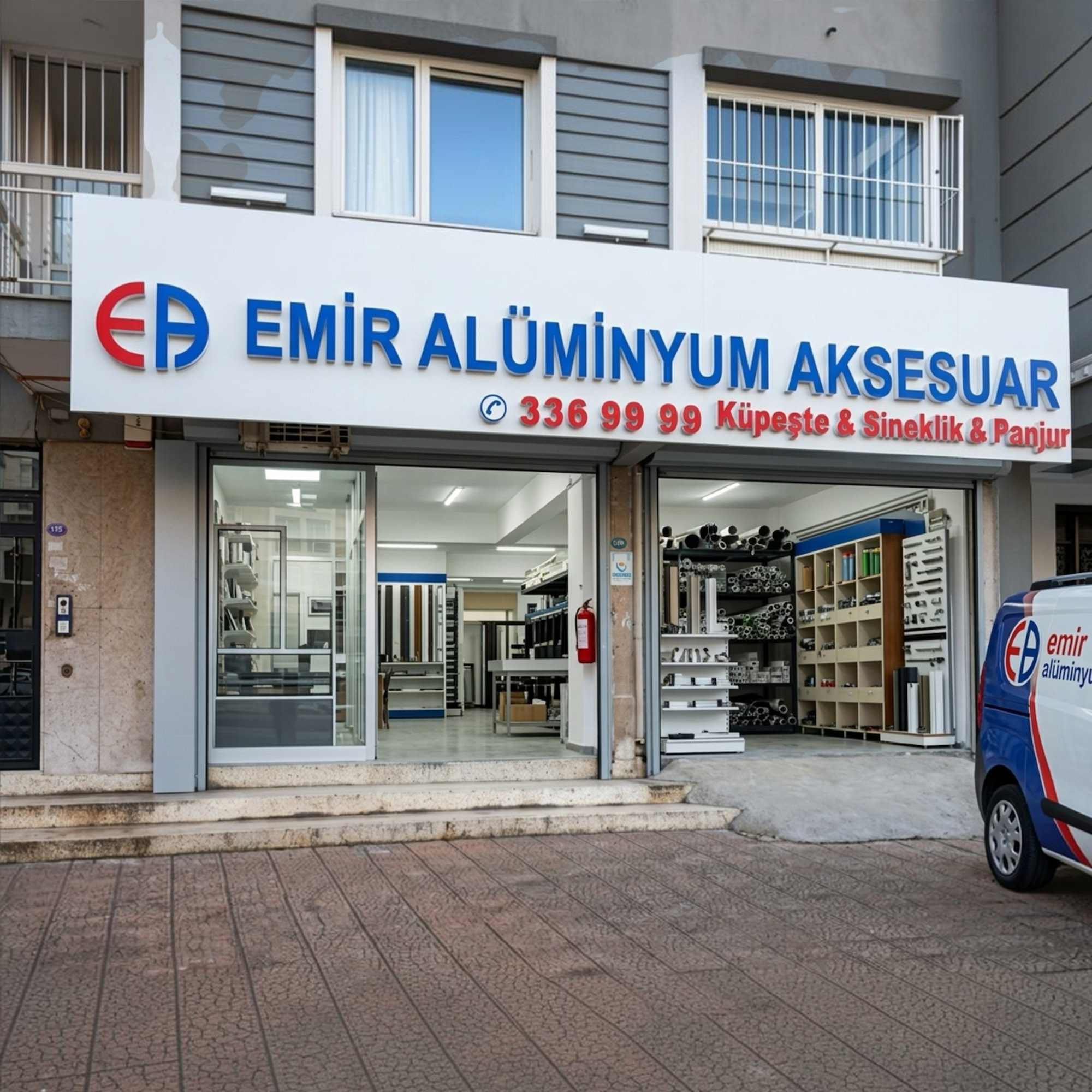 Emir Alüminyum mağazası ve ürün teşhir alanı